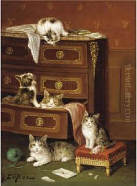 Musical Kittens; A New Hiding Place Oil Painting by Jules Leroy