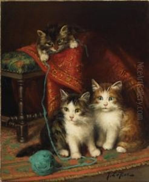 Kittens Playing With A Ball Of Yarn Oil Painting by Jules Leroy