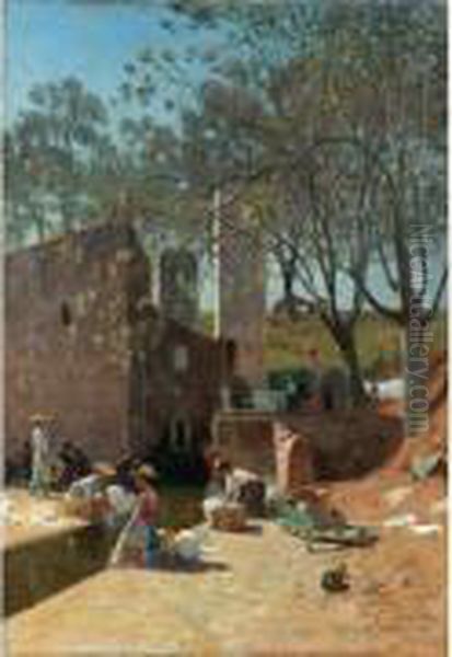 Au Lavoir Oil Painting by Gustave Edouard Le Senechal De Kerdreoret