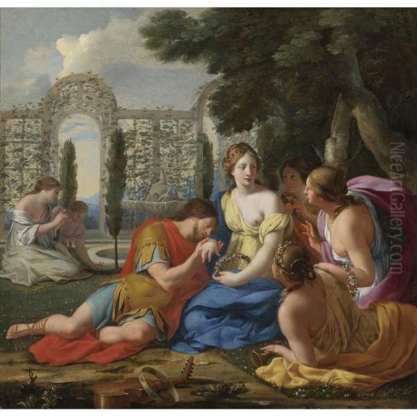 Polyphilus And Polia Accompanied By Nymphs On Island Ofcythera Oil Painting by Eustache Le Sueur