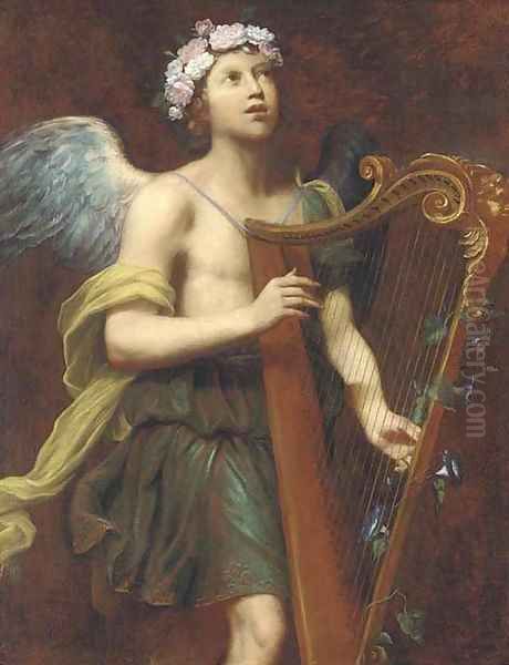 An angel playing the harp Oil Painting by Guido Cagnacci