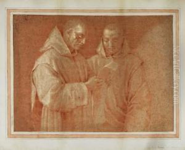 Study Of Two Standing Monks Reading Oil Painting by Eustache Le Sueur