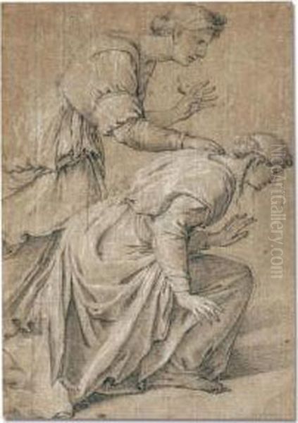 Study Of Two Women, One Standing, One Kneeling Oil Painting by Eustache Le Sueur