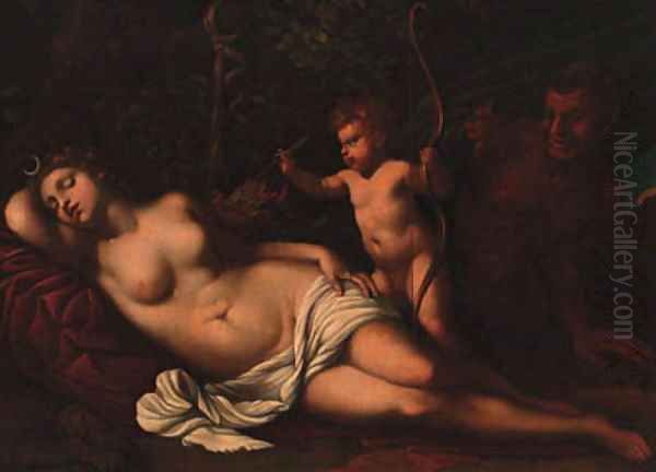 Venus sleeping in a forest with a putto holding arrows, a satyr looking on Oil Painting by Guido Cagnacci