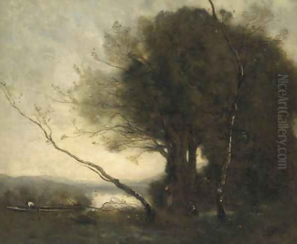 Figures working in a landscape, a lake beyond Oil Painting by Jean-Baptiste-Camille Corot