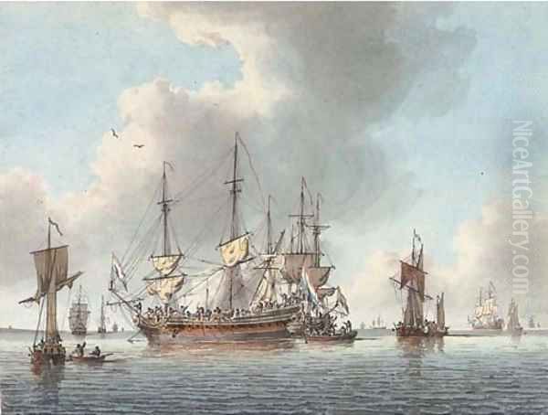 Dutch men-o'war preparing to sail from their anchorage Oil Painting by John the Elder Cleveley