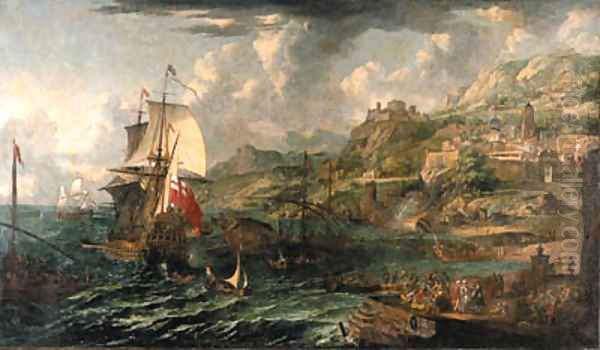 A capriccio of a Mediterranean harbour with a British man-o-war and a galley and numerous figures on a quay Oil Painting by Laureys A Castro