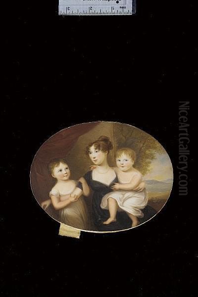 Mrs Pringle (nee Halkett), 
Wearing Black Dress With White Underslip And Pearl Necklace; With Her 
Daughters Mary And Charlotte Both Wearing White Dresses, Red Curtain And
 Landscape Background Oil Painting by James Leakey