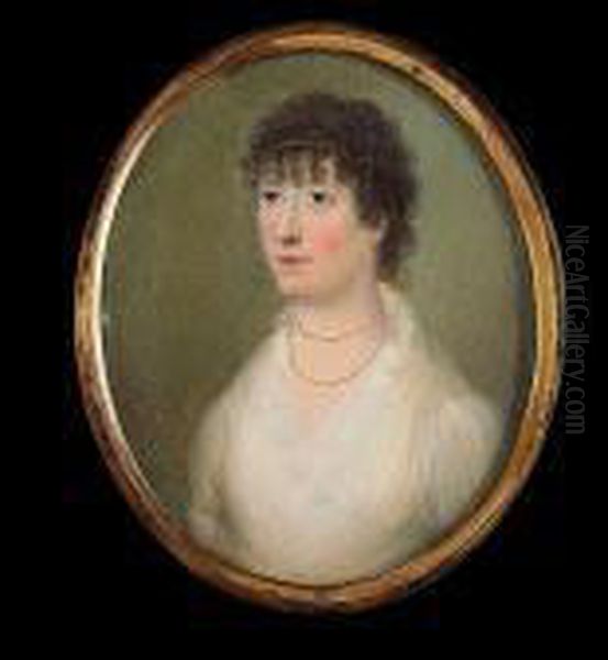 A Miniature Portrait Of A Lady, Wearing A White Dress And Double Strand Gold Necklace Oil Painting by James Leakey