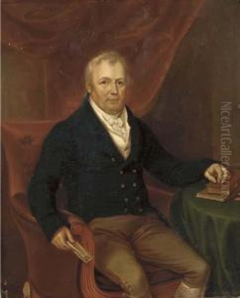 Portrait Of A Gentleman, 
Three-quarter-length, In A Blue Jacket, Seated At A Table And Holding A 
Note In His Right Hand by James Leakey