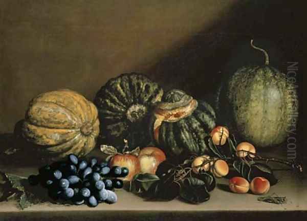 Melons, apricots, grapes and apples on a stone ledge Oil Painting by Michelangelo Merisi Da Caravaggio