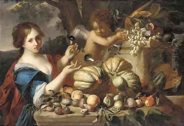 Melons, grapes, plums, peaches, pears, figs and pomegranates on a ledge, with a lady in a blue dress and a putto Oil Painting by Michele Pace Del (Michelangelo di) Campidoglio