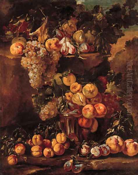 Grapes, apples, plums and figs in a glass bowl with other fruit on a ledge in a landscape Oil Painting by Michele Pace Del (Michelangelo di) Campidoglio