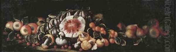 Cherries, apples, pears, peaches, mushrooms and a watermelon on a ledge Oil Painting by Michele Pace Del (Michelangelo di) Campidoglio