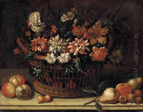 Flowers in a wicker basket with pears, onions and apples on a stone ledge Oil Painting by Michele Pace Del (Michelangelo di) Campidoglio