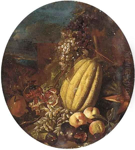 Melons, pomegranates, grapes, figs and apples in a clearing Oil Painting by Michele Pace Del (Michelangelo di) Campidoglio