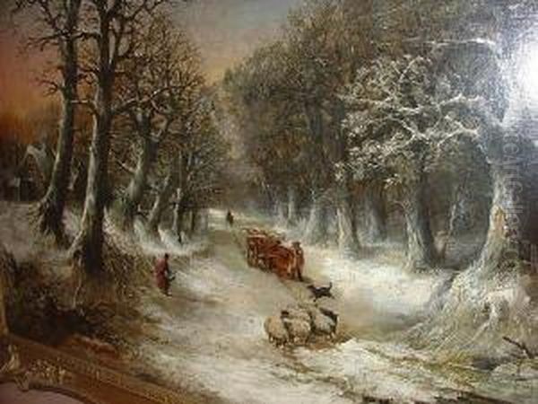 A Tree Lined Road In Winter, With Horse Andwagon And Figures Oil Painting by Charles Leaver