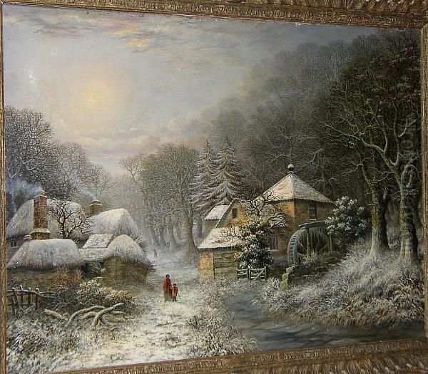 Figures By An Overshot Mill In Winter Oil Painting by Charles Leaver