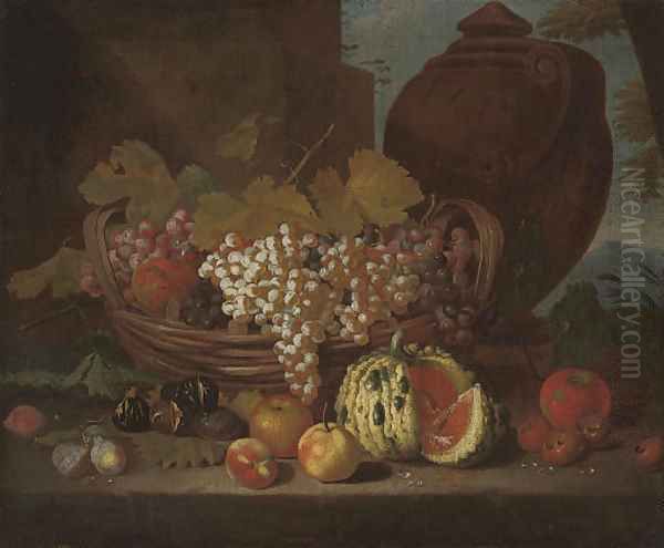 Red and white grapes on the vine in a basket Oil Painting by Michele Pace Del (Michelangelo di) Campidoglio