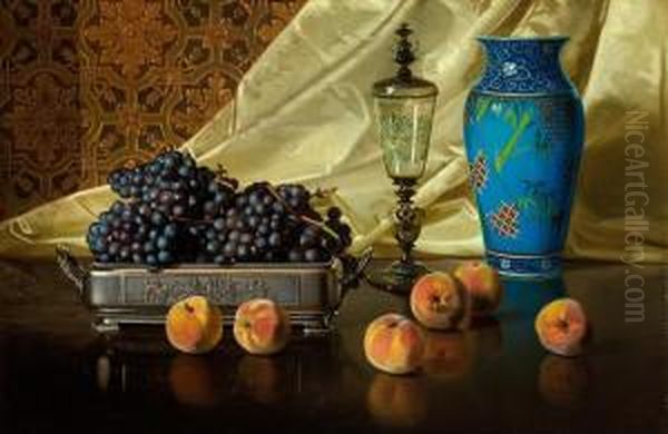 Still Life With Peaches And Grapes In A Silver Dish Oil Painting by Edward Chalmers Leavitt