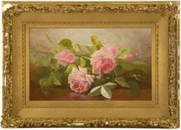 Still Life With Pink Roses Oil Painting by Edward Chalmers Leavitt