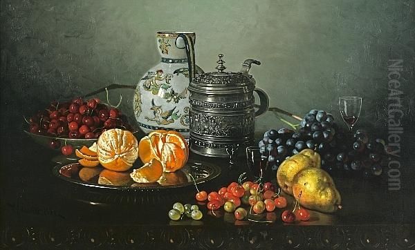 Still Life Of Cherries, Grapes, Oranges, Pears, A Vase And A Stein On A Table Oil Painting by Edward Chalmers Leavitt