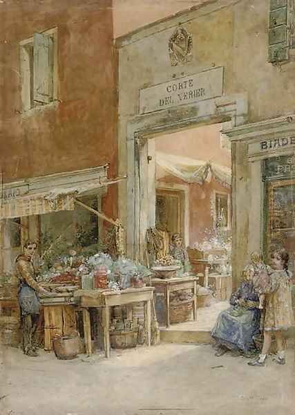 A child and her doll outside a shop, Venice Oil Painting by Thomas Watt Cafe