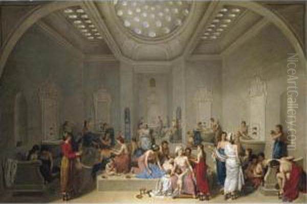 A Female Turkish Bath Or Hammam Oil Painting by Jean Jacques Francois Le Barbier