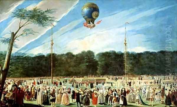 The Ascent of the Montgolfier Balloon at Aranjuez 2 Oil Painting by Antonio Carnicero