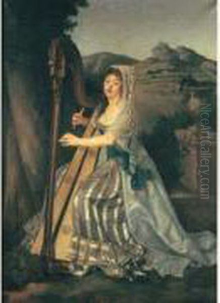 Portrait De Mademoiselle Forbin De Gardanne Jouant De La Harpe Sur Fond De Paysage Oil Painting by Jean Jacques Francois Le Barbier