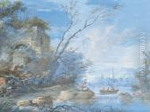 Paysage De Bord De Riviere Avec Barque Oil Painting by Jean Jacques Francois Le Barbier