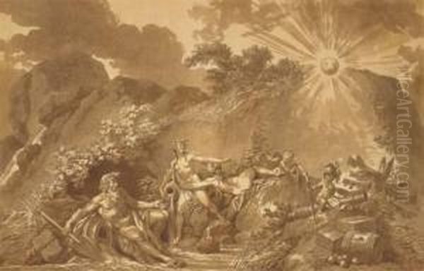 Un Paysage Avec Trois Dieux Fleuves Et Des Putti Oil Painting by Jean Jacques Francois Le Barbier