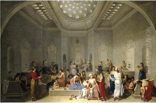 A Female Turkish Bath Or Hammam Oil Painting by Jean Jacques Francois Le Barbier