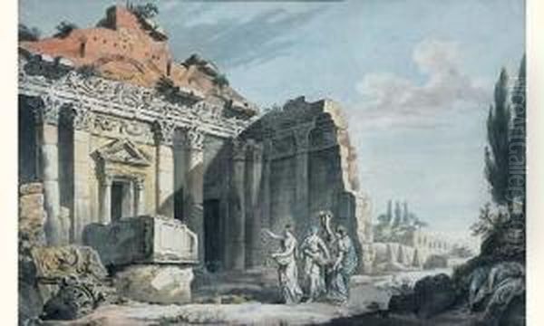 Ruines De Temple Romain Animees De Personnages Oil Painting by Jean Jacques Francois Le Barbier