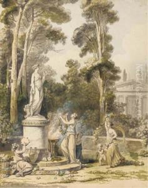 Des Jeunes Femmes Apportant Des Fleurs A Une Statue De Flore Dansun Paysage Oil Painting by Jean Jacques Francois Le Barbier