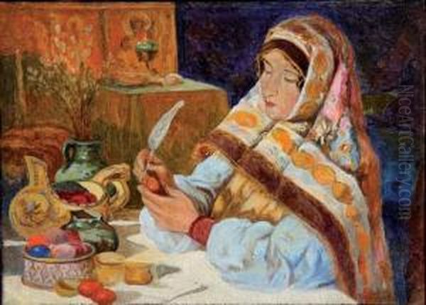 Jeune Fille Decorant Des Oeufs De Paques Oil Painting by Klavdiy Vasilievich Lebedev