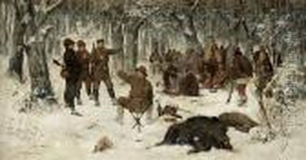 Grose Jagdgesellschaft Im Verschneiten Wald Oil Painting by Klavdiy Vasilievich Lebedev