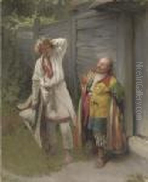 The Jester And The Gusli Player Oil Painting by Klavdiy Vasilievich Lebedev