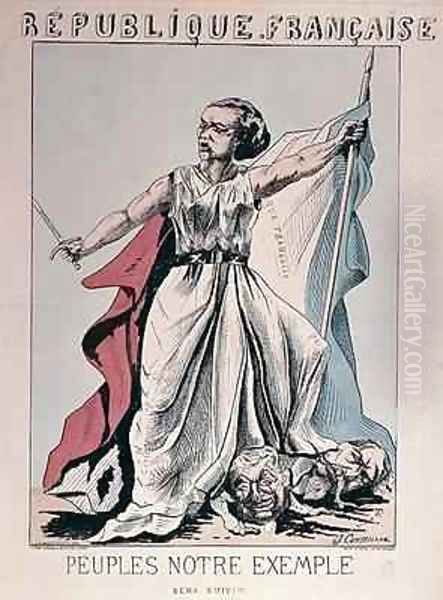 Personification of the French Republic as Louise Michel 1830-1905 trampling on the heads of Louis Adolphe Thiers 1797-1877 and Napoleon III 1808-73 Oil Painting by J. Corseaux