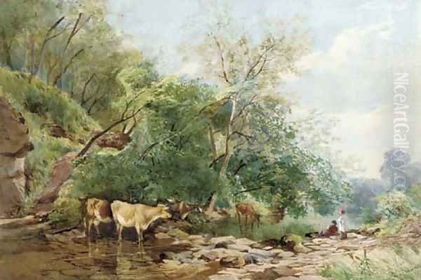 Cattle watering in a copse Oil Painting by James Jackson Curnock