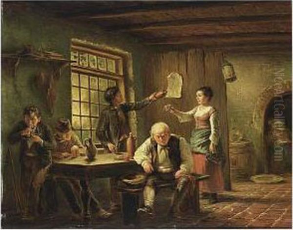 A Tavern Interior Oil Painting by Frans Lebret