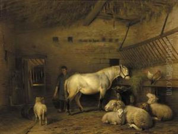 A Groom Tending A Horse In A Barn Oil Painting by Frans Lebret