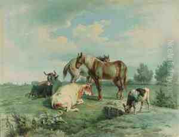 Cattle In A Sunlit Meadow Oil Painting by Frans Lebret