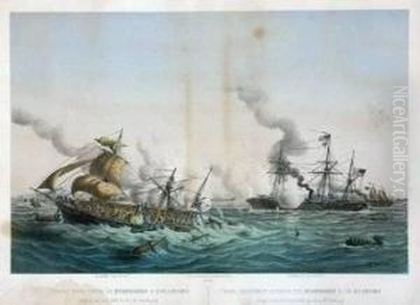 Naval Engagement Between The Kearsarge & The Alabama Oil Painting by Louis Lebreton