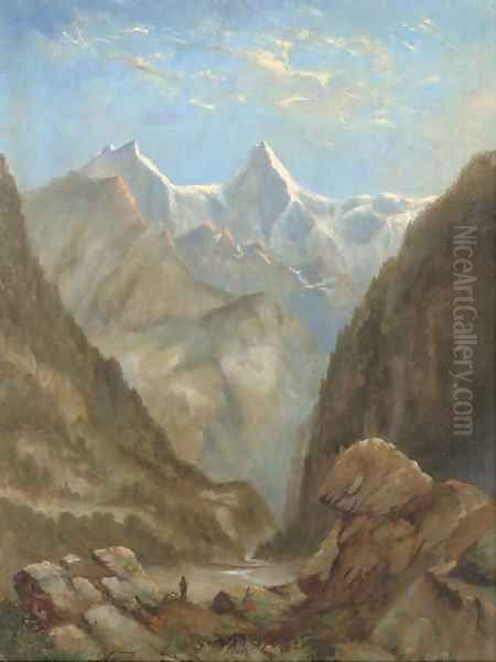 Figures in an Alpine landscape Oil Painting by Alexander Calame