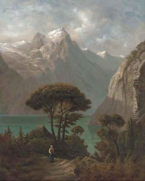 A figure on a beaten track by a lake, with mountains beyond Oil Painting by Alexander Calame