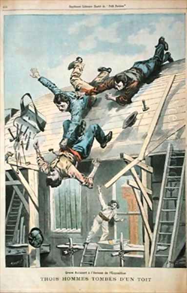 Three men falling from a roof Oil Painting by Carrey