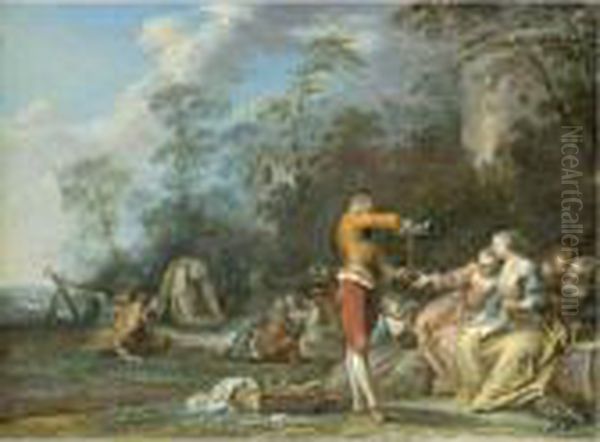 A Fete Galante With Figures Picnicking In A Landscape Oil Painting by Sebastien Jacques Leclerc Des Gobelins