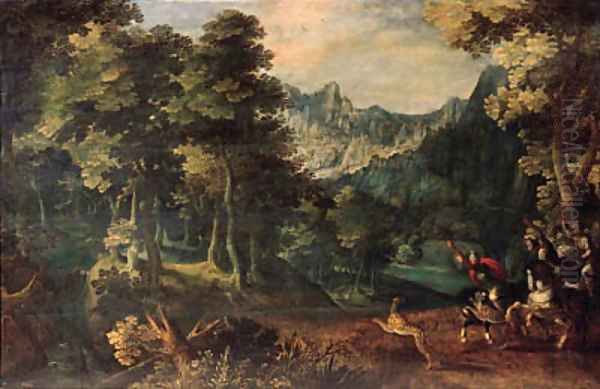 A tiger hunt in a forest, a valley beyond Oil Painting by Gillis van Coninxloo