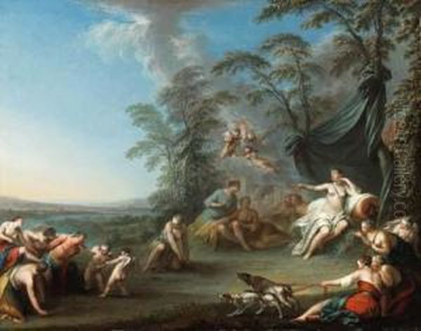 Diana And Her Nymphs With A Captured Satyr Oil Painting by Sebastien Leclerc